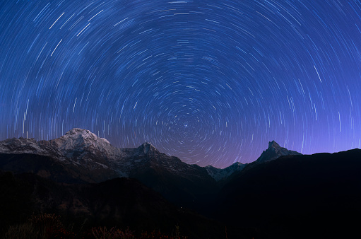 Cicling stars and annapurna mountain region in night