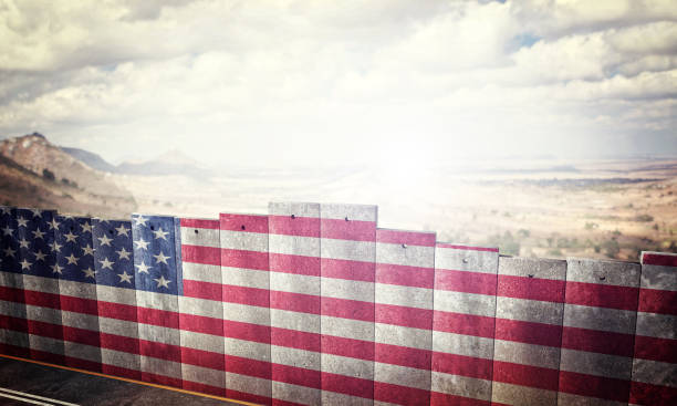 border barrier concept border barrier concept with usa flag 3d rendering image international border barrier stock pictures, royalty-free photos & images
