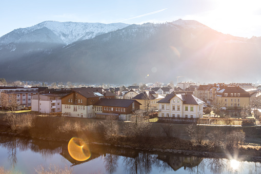 Town in upper Austria , Ebensee . Photographed from high up . Canon camera 6D with wide lens