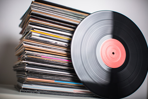 Stack of vinyl records closeup
