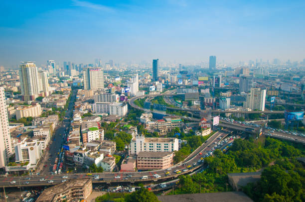 istock Panoramic view Cityscape business district from aerial view high building at dusk (Bangkok, Thailand) 641971152