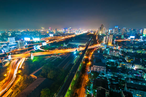 istock Panoramic view Cityscape business district from aerial view high building at dusk (Bangkok, Thailand) 641971216