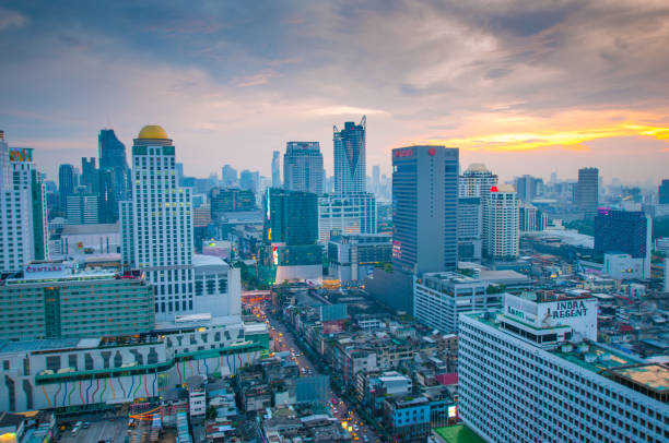 istock Panoramic view Cityscape business district from aerial view high building at dusk (Bangkok, Thailand) 641971312