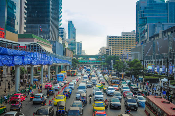 istock Panoramic view Cityscape business district from aerial view high building at dusk (Bangkok, Thailand) 641971394