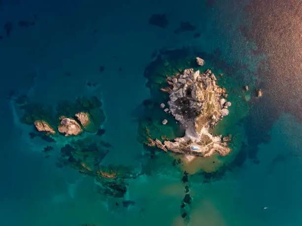 aerial shot of small island in kos greece