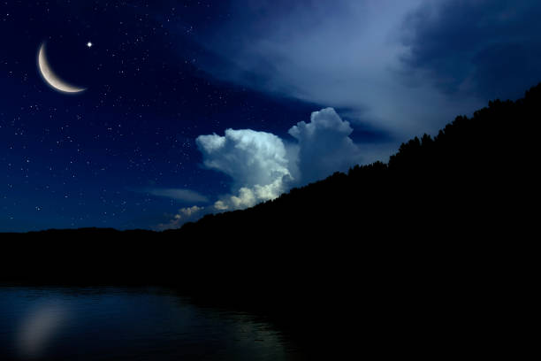 Night sky landscape and moon, stars, Ramadan Kareem celebration