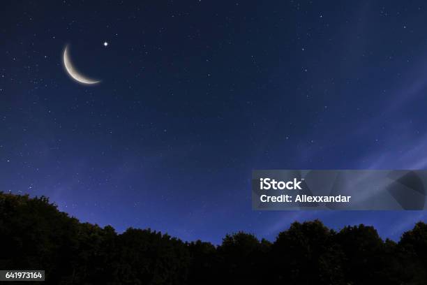 Night Sky Landscape And Moon Stars Ramadan Kareem Celebration Stock Photo - Download Image Now