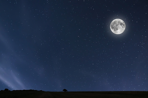 Night sky background with moon and stars. Full moon background.