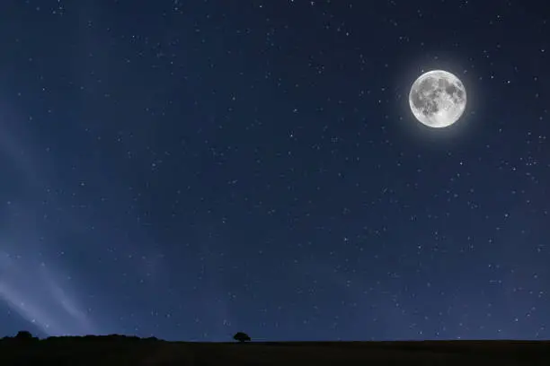 Photo of Night sky background with moon and stars. Full moon background.