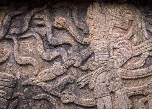 Ancient Mayan stone reliefs in Chichen Itza stock photo