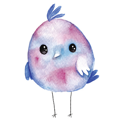 Watercolor colored little bird. Hand drawn illustration with cute animal.