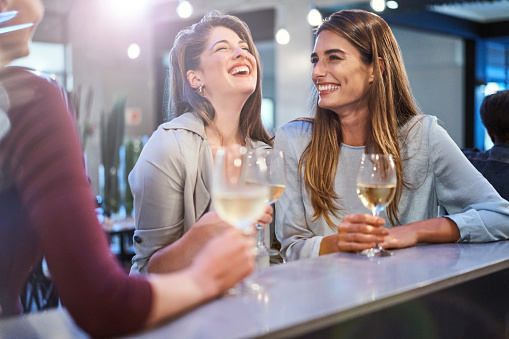 Young female friends laughing while enjoying drinks. Women are standing at bar counter. Beautiful ladies are celebrating in restaurant.