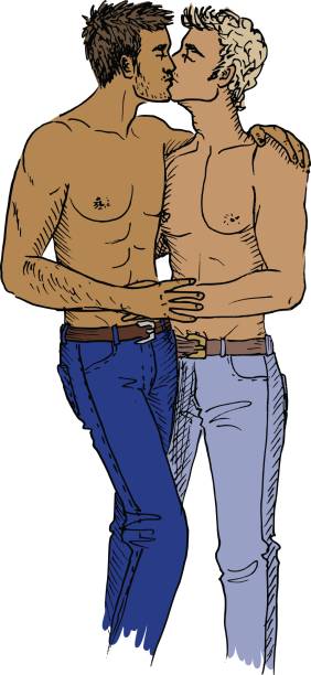 Two kissing gays Two kissing gays. Hand-drawn illustration isolated on white gay males stock illustrations