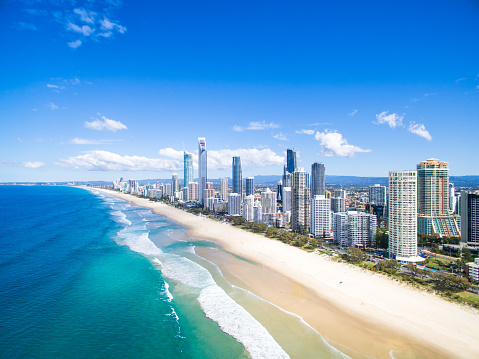 An aerial view of the Surfers Paradise skyline on a clear day in Queensland, Australia