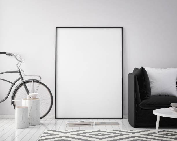 istock mock up poster frame in hipster interior background with bicycle, scandinavian style, 3D render 641977736