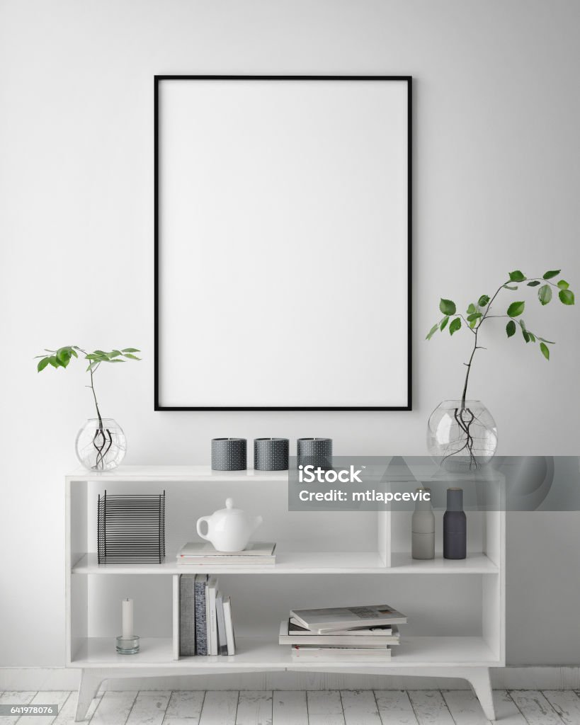 mock up poster frame in hipster interior background, scandinavian style, 3D render mock up poster frame in hipster interior background, scandinavian style, 3D render, 3D illustration Artist's Canvas stock illustration