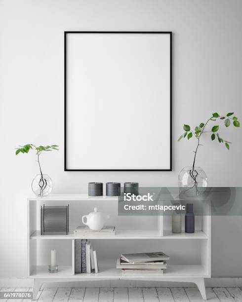 Mock Up Poster Frame In Hipster Interior Background Scandinavian Style 3d Render Stock Illustration - Download Image Now