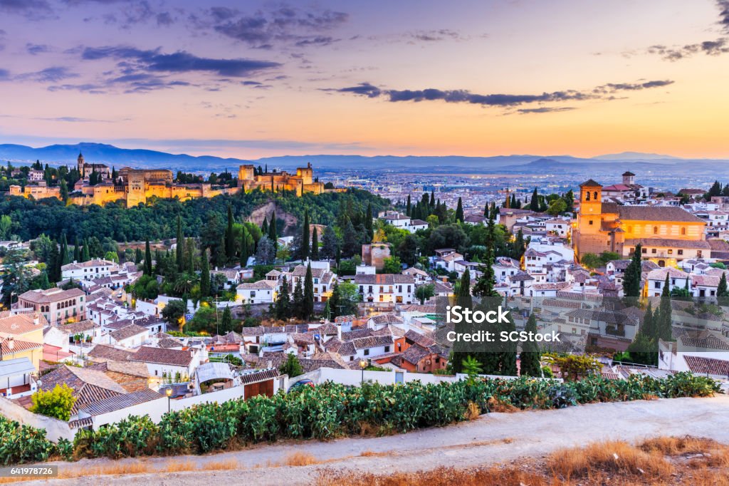 Alhambra, Granada, Spain. Alhambra of Granada, Spain. Alhambra fortress and Albaicin quarter at twilight. Spain Stock Photo