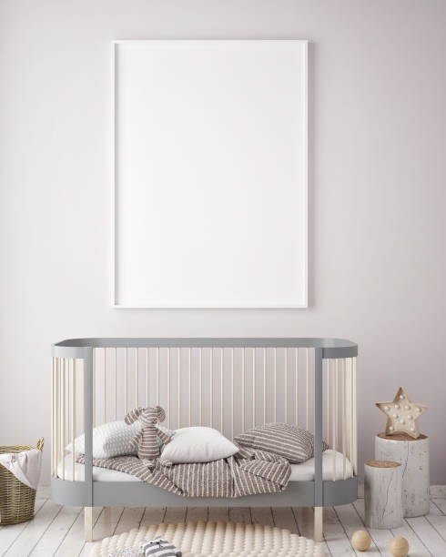 istock mock up poster frame in children bedroom, scandinavian style interior background, 3D render 641979208