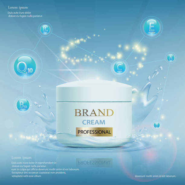 Cream with vitamins, serum and coenzyme Q10. Cream with vitamins, serum and coenzyme Q10. Cosmetic ads template. Stock vector illustration. skin care background stock illustrations