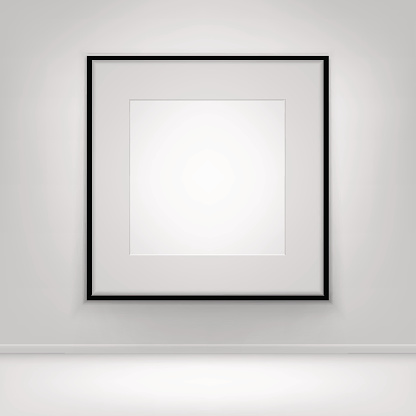 Vaciar en blanco cartel blanco marco en pared con el piso negro photo
