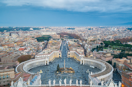 Rome panorama, Lazio, Italy, beautiful panoramic vibrant summer wide view of Roma and Vatican, with cathedral, cityscape and scenery beyond the city, seen from observation deck