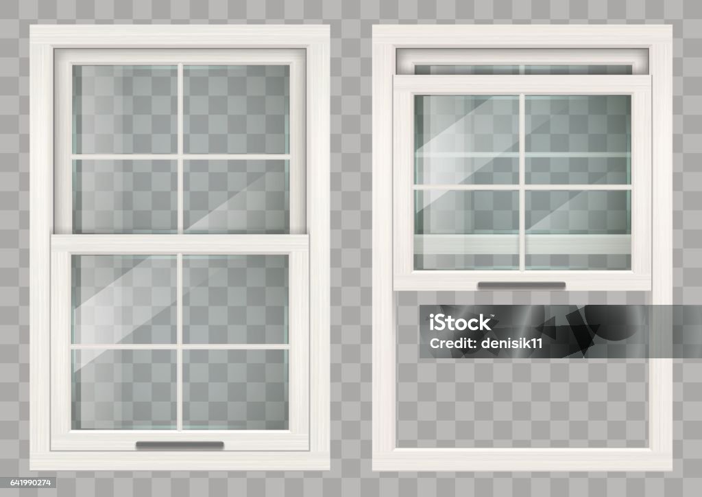 Wooden Sliding window Wooden white rectangular lifting Sliding window with clear glass. Vector graphics Window stock vector