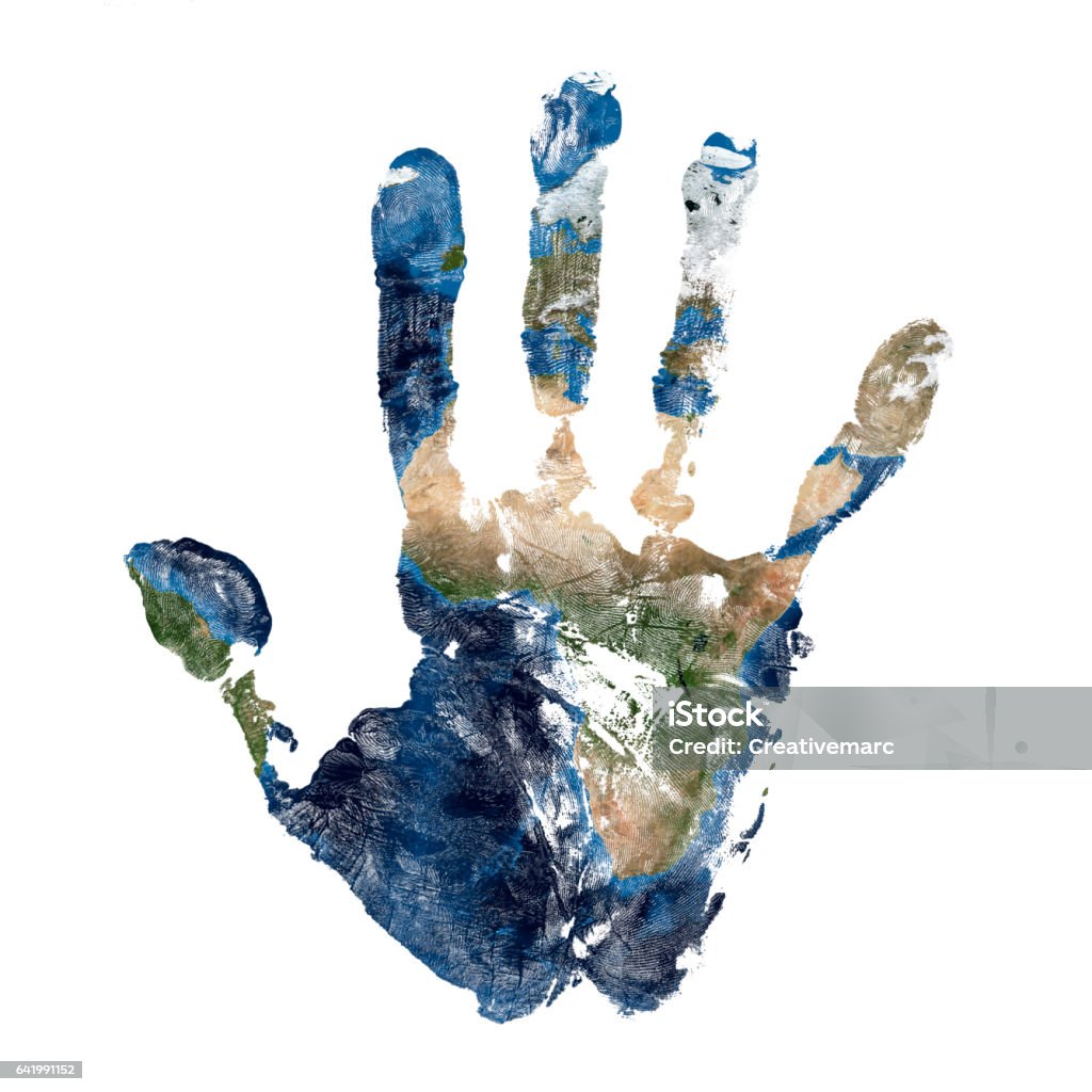 Real hand print with a map of our blue planet Earth Real hand print combined with a map of our blue planet Earth - isolated on white background. Handprint Stock Photo