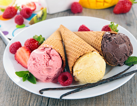 Ice cream with chocolate, vanilla and strawberry flavors.