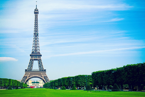 Eiffel Tower and skyscrapers in Paris . Aerial city view of central Paris