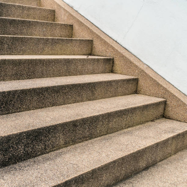 istock Perspective of concrete with small gravel texture staircase 642004436