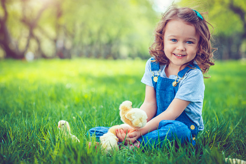 Little girl celebrating Easter outdoors with chicken