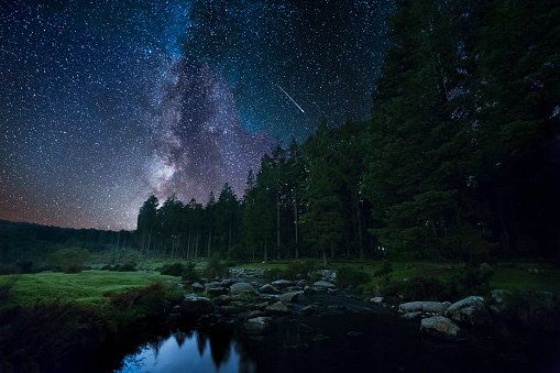 A night scape at Bellever forest located in Dartmoor National Park. In the picture you can see the East Dart River along side Bellever forest. The Milkyway is viewable in the background with reflections in the river.