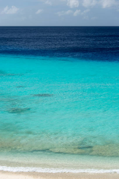 Turquoise and blue colors of the  caribbean sea with a small strip of white sandy beach.