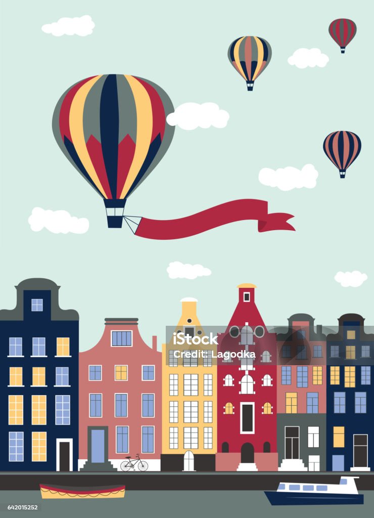 Hot air ballons flying over the town. Hot air ballons flying over the town. Vector illustration Amsterdam stock illustration