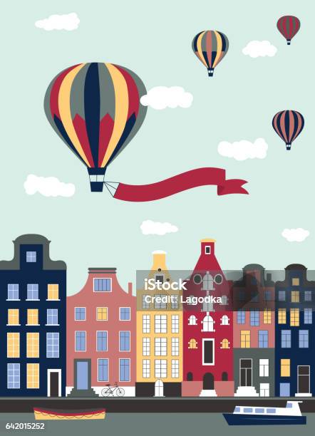 Hot Air Ballons Flying Over The Town Stock Illustration - Download Image Now - Amsterdam, Nautical Vessel, Architecture