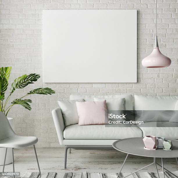 Mock Up Poster Hipster Living Room Design Stock Photo - Download Image Now - Border - Frame, Indoors, Wall - Building Feature