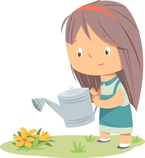 Vector illustration of little girl watering in spring