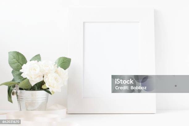 Picture Frame With Flower Bouquet Stock Photo - Download Image Now - Abstract, Art And Craft, Blank