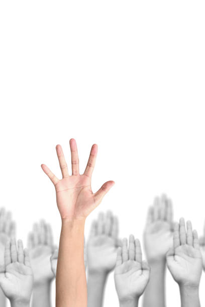 istock Business crowd raising hands high up on white background. 642033496