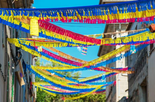 istock Street decorated with colorful ribbons. 642034156