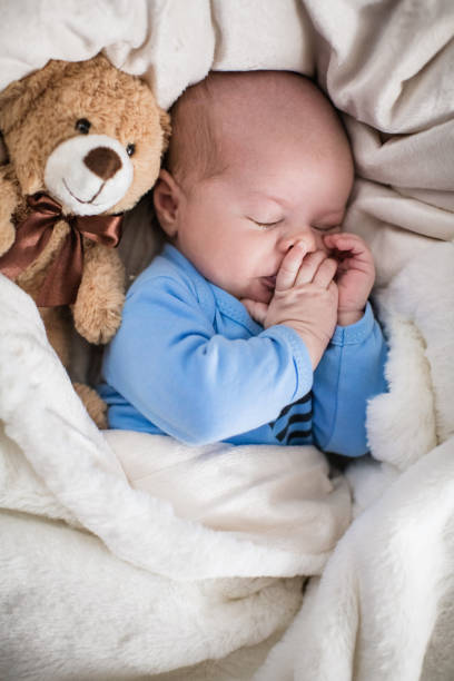 istock Newborn baby boy sleeping together with teddy bear 642035112