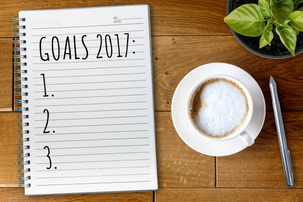 istock View from above on the table with a notebook and goals for 2017 year 642035324