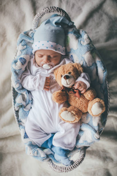 istock Newborn baby boy sleeping in cozy basket 642036298