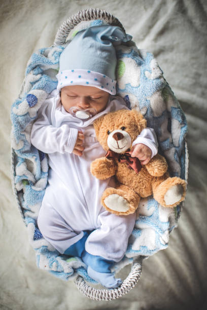 istock Newborn baby boy sleeping in cozy basket 642036530
