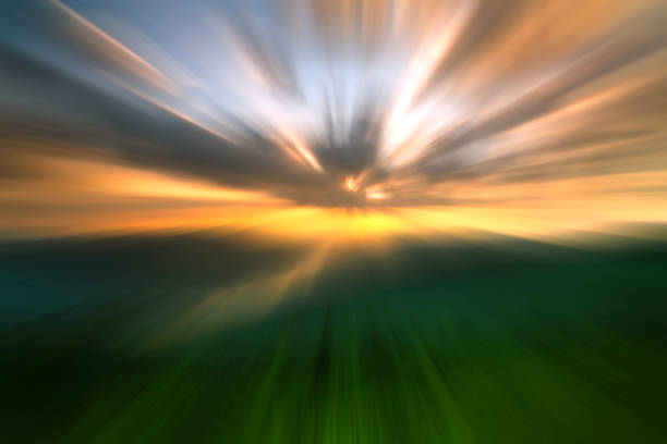 istock Blur motion background of green landscape on sunset sky 642040536