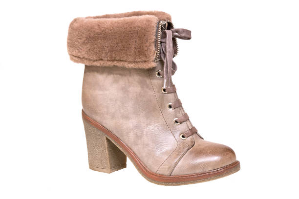istock Women's shoes. One brown winter boot on white background 642042158
