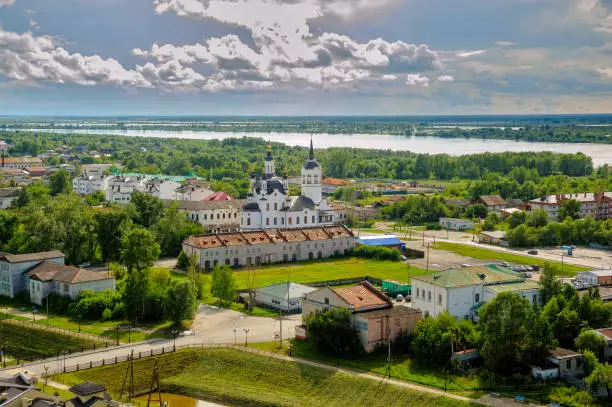 Downtown of Tobolsk and view on Church of Zakhariya and Elizabeth under restoration