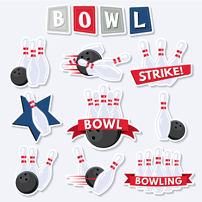 Retro Style Bowling Birthday Elements. Includes balls and pins, ribbons, banners and the word BOWL in retro styling.
