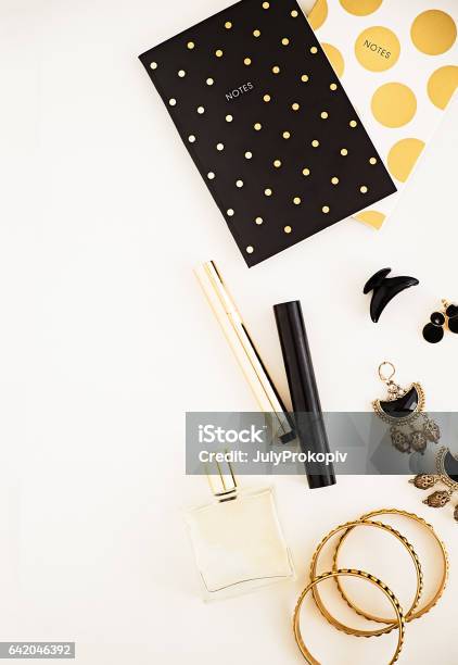 Gold Black And White Womans Beauty Makeup And Accessories Stock Photo - Download Image Now